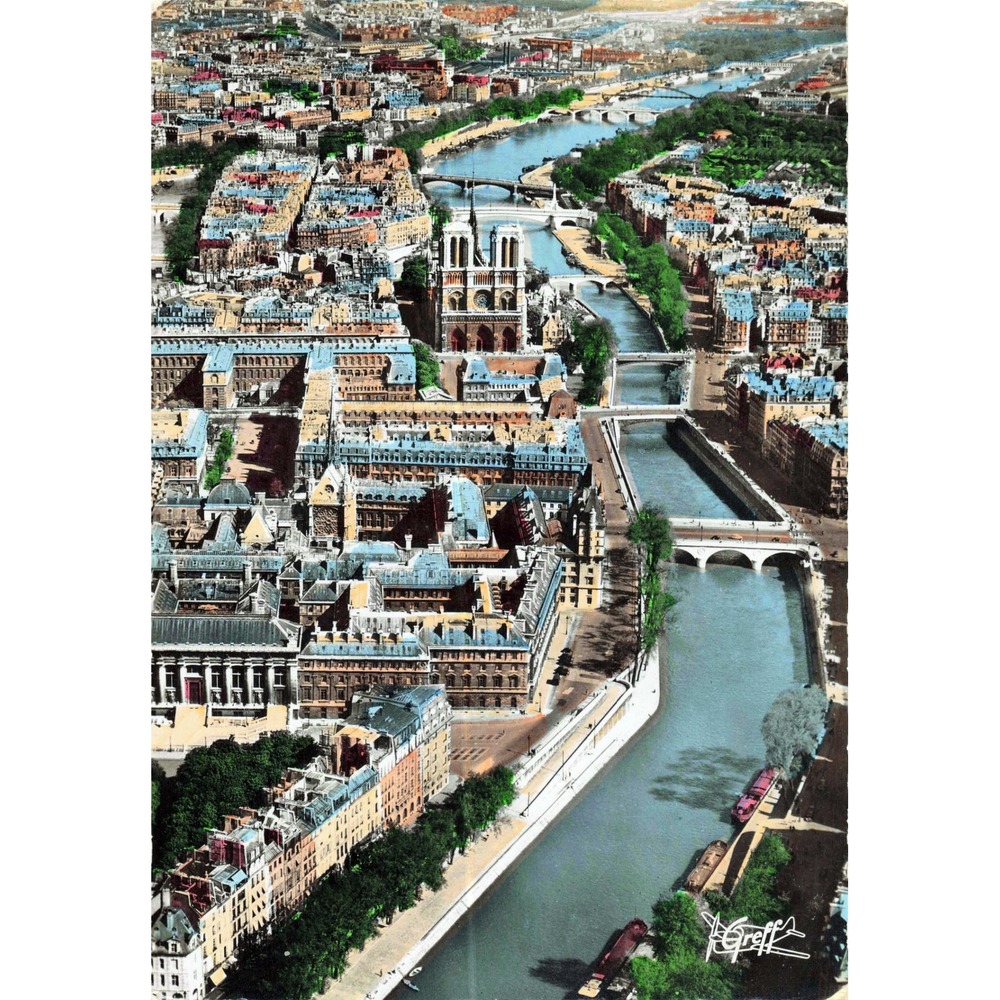 Greff Vintage Postcard Paris Aerial View Notre Dame Seine River France Good RPPC
